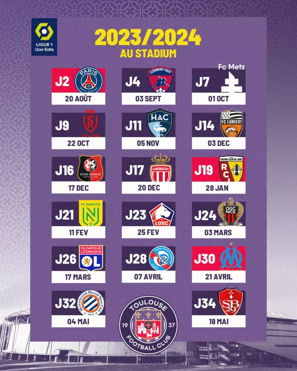 calendrier du TéFéCé au stadium durant la saison 2023-2024