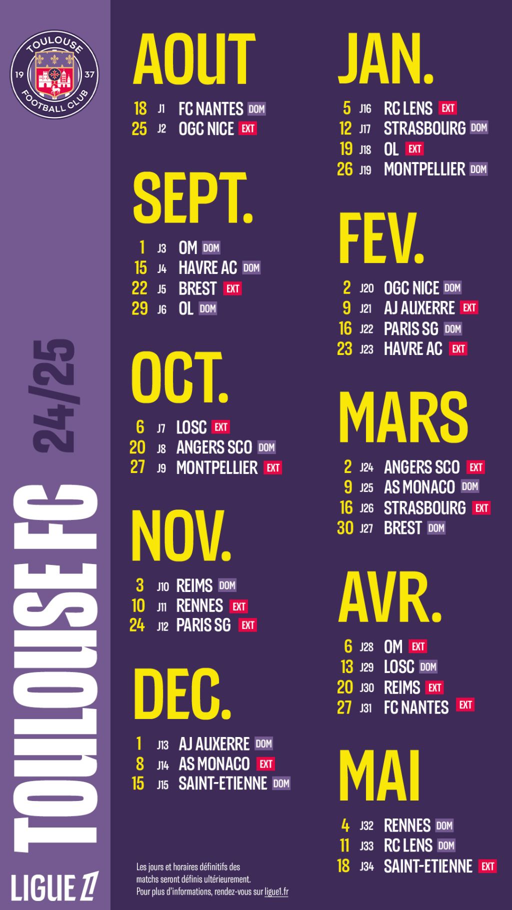 Tout savoir sur le calendrier de Ligue 1 du TéFéCé pour la saison 2024/2025 Toulouse FC